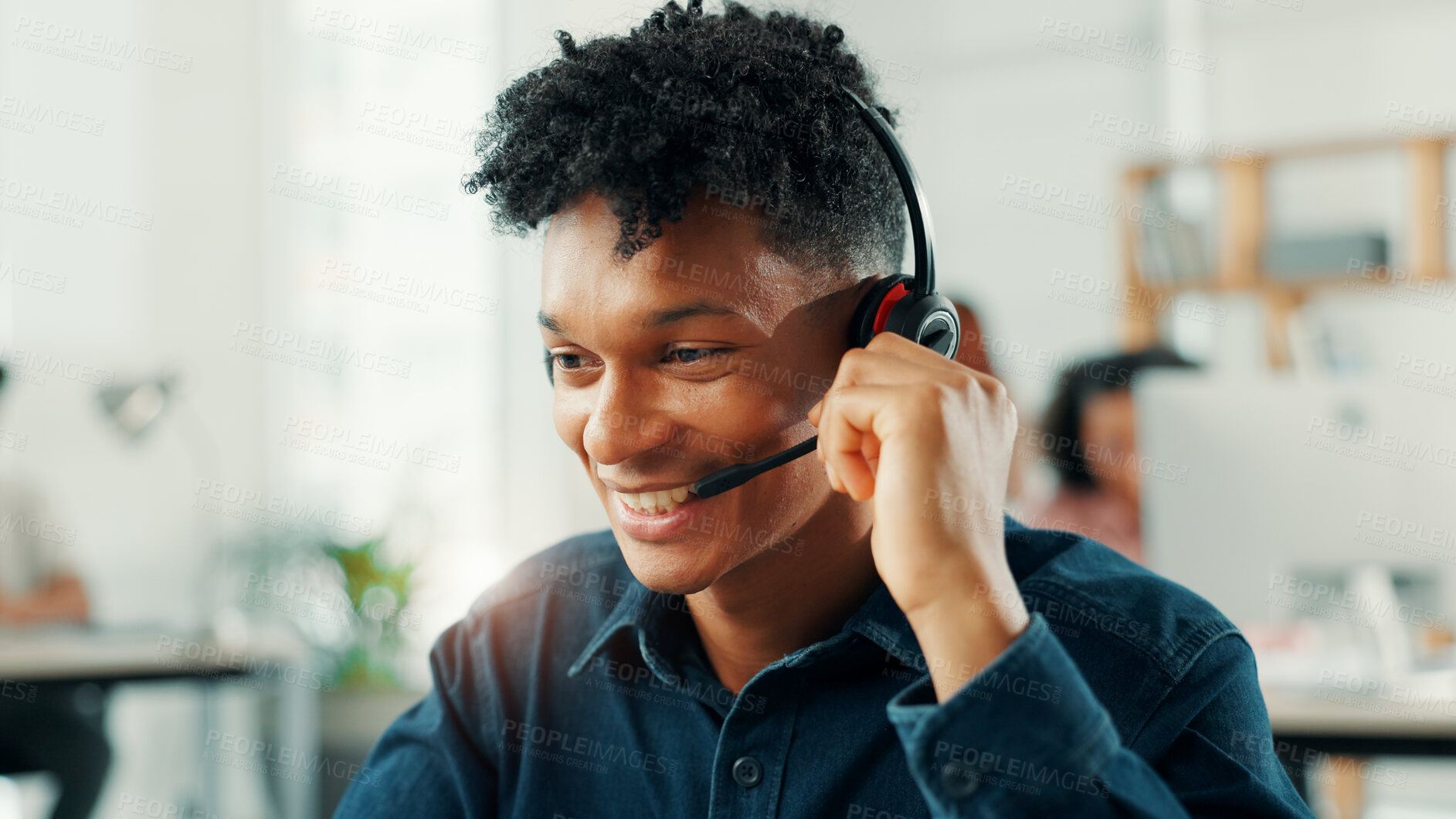 Buy stock photo Consulting, smile and support with man in call center for assistance, help or lead generation. Communication, contact and mic with happy virtual assistant at work in customer service for feedback