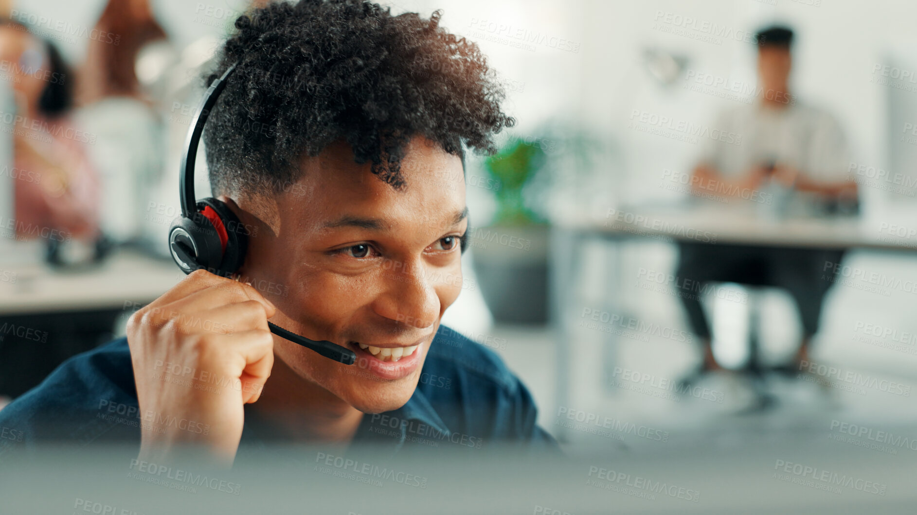 Buy stock photo Computer, contact us and smile of man in call center for assistance, help or lead generation. Communication, conversation and support with virtual assistant at work in customer service for feedback