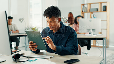 Buy stock photo Business, serious and man in office, tablet and call center with online reading, help desk and connection. Person, telemarketing and advisor in workplace, tech and digital app with network and crm