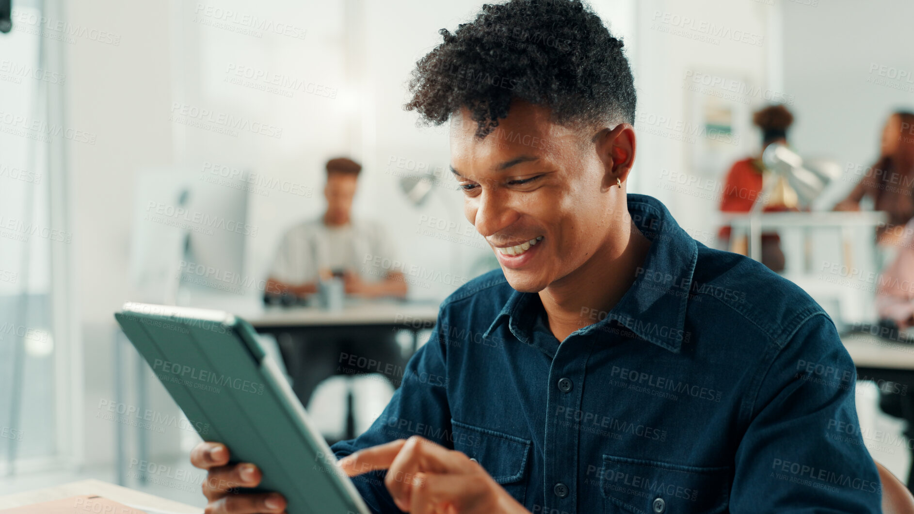 Buy stock photo Business, smile and man in office, tablet and creativity with project, online reading and connection. Person, journalist and editor in workplace, technology and digital app for ai grammar and network