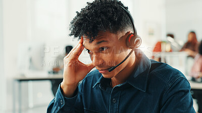 Buy stock photo Anxiety, headset and support with man in call center for assistance, help or lead generation. Conversation, microphone and stress with virtual assistant at work in customer service for feedback