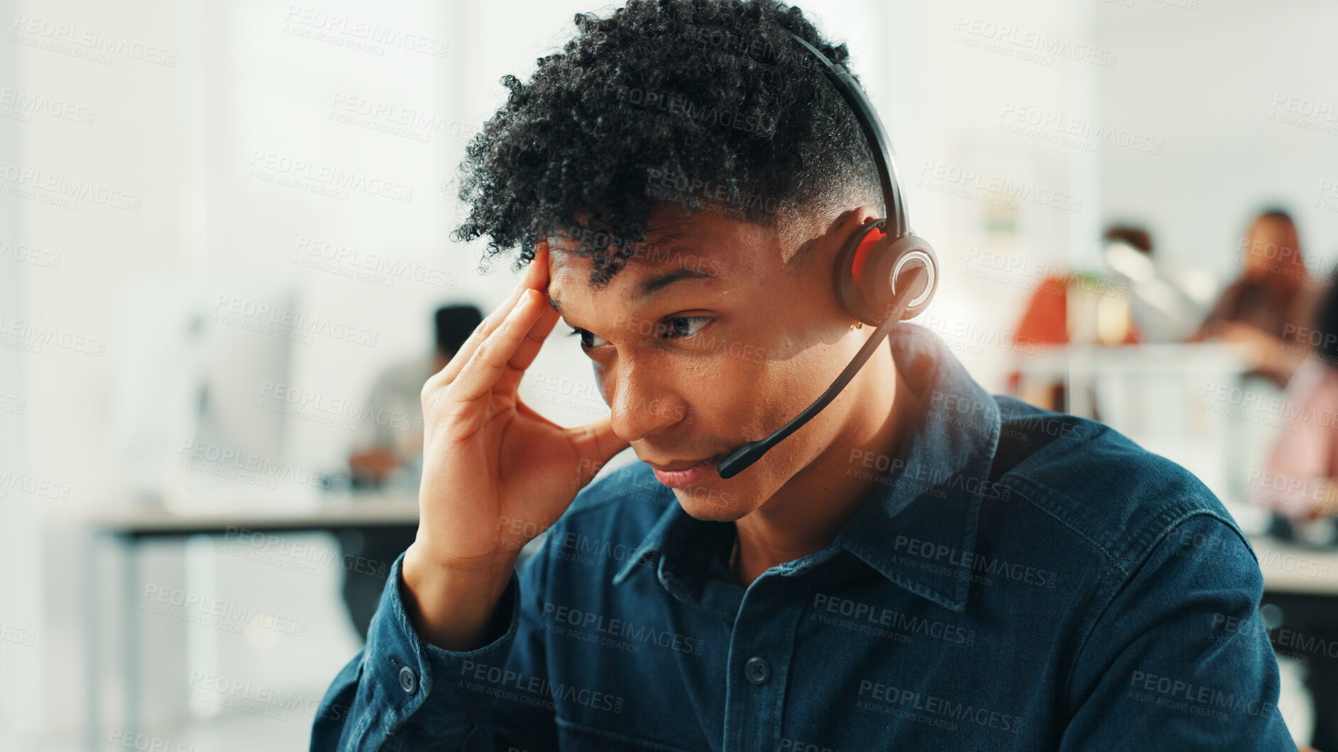 Buy stock photo Anxiety, headset and support with man in call center for assistance, help or lead generation. Conversation, microphone and stress with virtual assistant at work in customer service for feedback