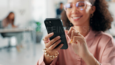 Buy stock photo Business, woman and hands with phone in office for editor feedback, reading email or check online blog. Journalist, employee or scroll on smartphone for publication schedule, internet search or happy