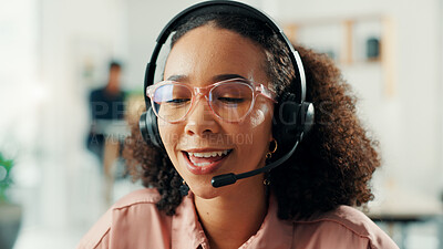 Buy stock photo Consulting, headset and support with woman in call center for assistance, help or lead generation. Communication, conversation and mic with virtual assistant at work in customer service for feedback