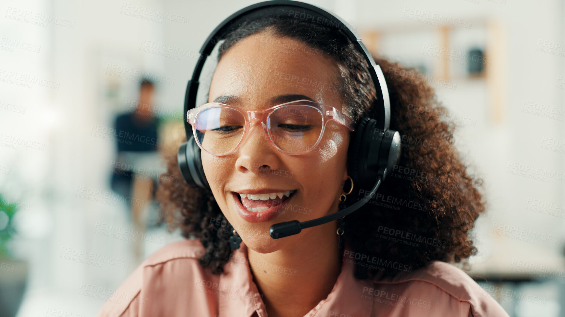Buy stock photo Consulting, headset and support with woman in call center for assistance, help or lead generation. Communication, conversation and mic with virtual assistant at work in customer service for feedback