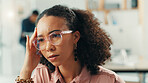 Burnout, headache or stress with designer woman in office for project or reporting deadline. Anxiety, frustration and risk with small business employee in creative startup for problem solving