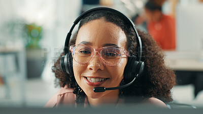 Buy stock photo Headset, woman and call center agent in office with online consultation for tech support at computer. Mic, contact us and female customer experience consultant with lead generation for telemarketing.