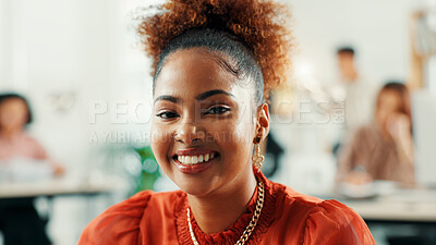 Buy stock photo Agency, portrait and smile with designer woman in office of small business for startup career. About us, creative and mission with happy artistic employee in design workplace for start of new job