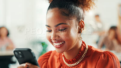 Buy stock photo Business, woman and smile with phone in office for text message, mobile chat and reading online news. Journalist, african person and smartphone for editor feedback, checking notifications or schedule