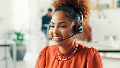 Buy stock photo Happy, woman and receptionist in office with online appointment setting, schedule or support. Headset, consultation and female virtual assistant with smile for crm integration call in workplace.