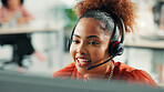 Headset, woman and secretary in office with online appointment setting, schedule or support. Audio tech, consultation and female virtual assistant with call for crm integration in workplace.
