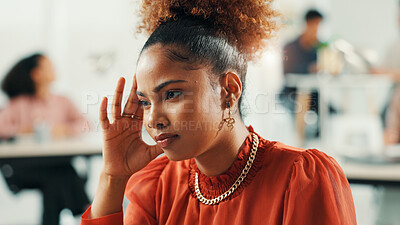 Buy stock photo Anxiety, headache or stress with designer woman in office for project or reporting deadline. Burnout, frustration and risk with small business employee in creative startup for problem solving