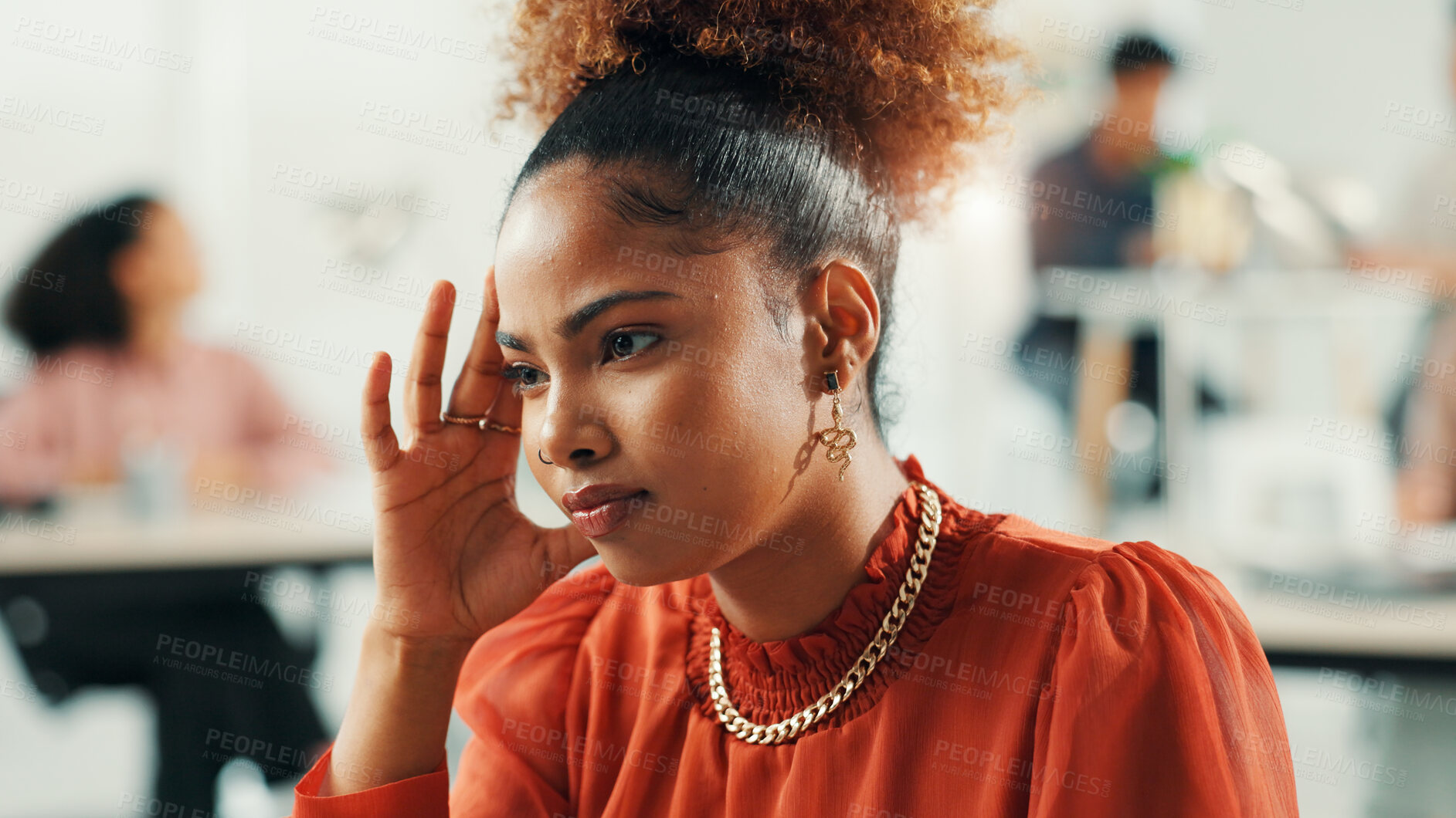 Buy stock photo Anxiety, headache or stress with designer woman in office for project or reporting deadline. Burnout, frustration and risk with small business employee in creative startup for problem solving
