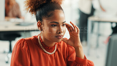 Buy stock photo Burnout, frustration or stress with designer woman in office for project or reporting deadline. Anxiety, headache and risk with small business employee in creative startup for problem solving