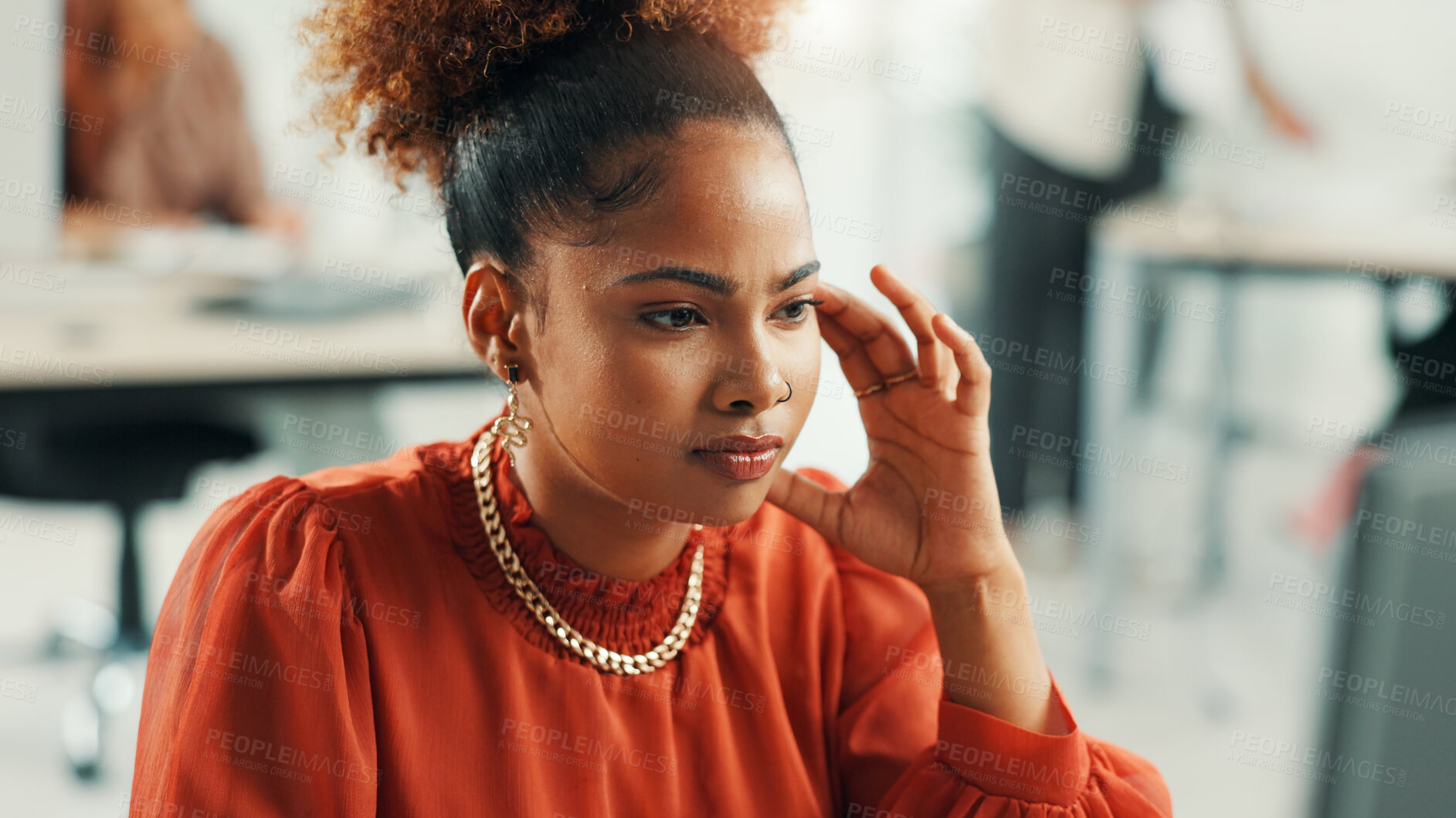 Buy stock photo Burnout, frustration or stress with designer woman in office for project or reporting deadline. Anxiety, headache and risk with small business employee in creative startup for problem solving