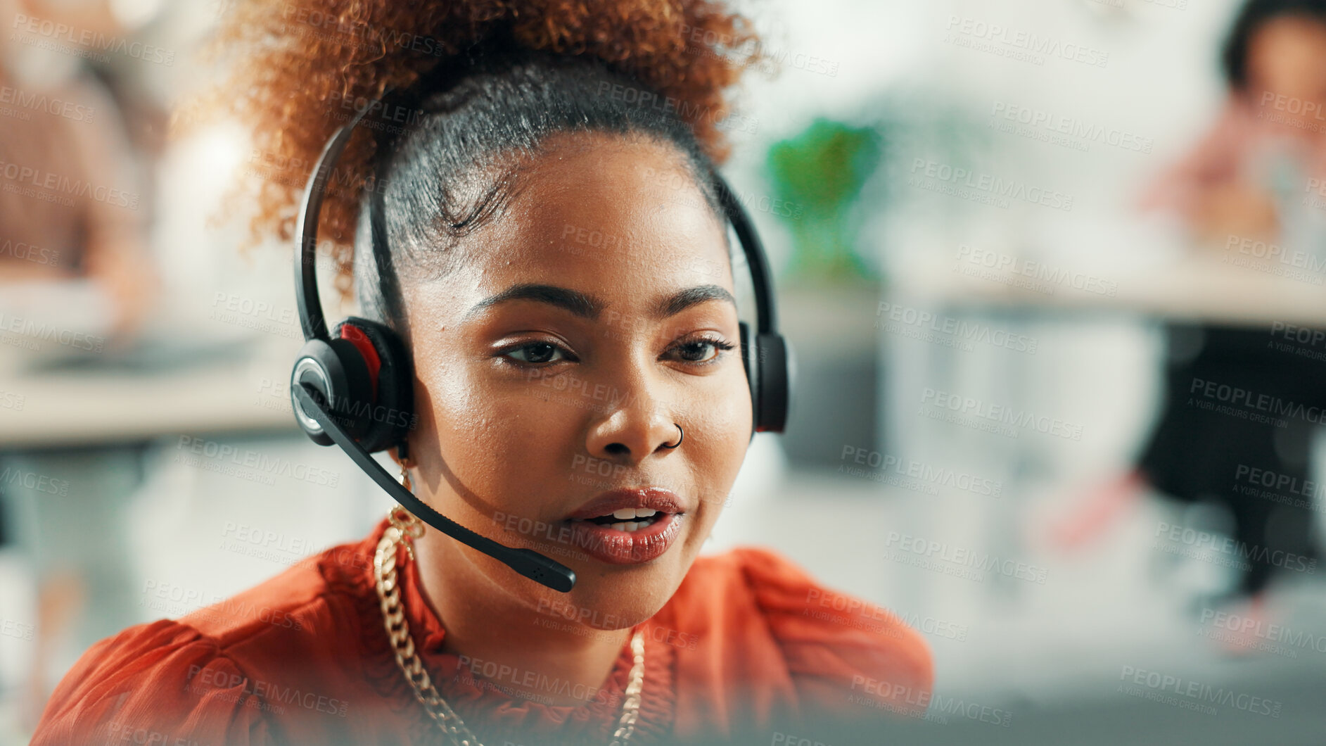 Buy stock photo Headset, contact us or call center agent in office with online consultation for sales information. Mic, communication and customer experience consultant with lead generation for telemarketing on tech