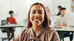 Creative, portrait and smile with designer woman in office of small business for startup career. About us, agency and mission with happy artistic employee in design workplace for start of new job
