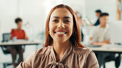 Buy stock photo Creative, portrait and smile with designer woman in office of small business for startup career. About us, agency and mission with happy artistic employee in design workplace for start of new job
