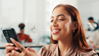 Buy stock photo Business, woman and typing with phone in office for text message, editor email or reading online news. Journalist, person and scroll on smartphone for work break, social media or publication schedule