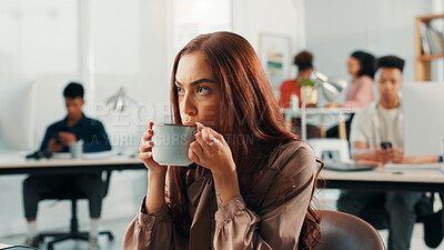Buy stock photo Creative, thinking and designer woman with coffee in office of small business for startup career. Problem solving, solution or artistic employee drinking caffeine beverage in morning to start new job