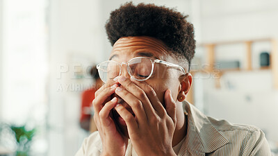 Buy stock photo Burnout, eye strain or stress with designer man in office for project or reporting deadline. Anxiety, glasses and tired with small business employee in creative startup for problem solving solution
