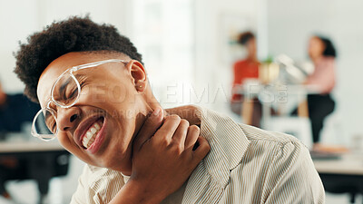 Buy stock photo Man, neck pain and stress at office, startup and burnout with sore muscle, injury and joint inflammation. Person, fibromyalgia and frustrated with arthritis, tired and exhausted at creative agency