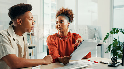 Buy stock photo Paperwork, coaching and team of business people planning in call center for customer service in creative office. Document, intern and training with mentor for report, sales strategy or telemarketing