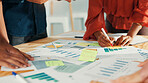 Hands, sticky note and team writing for planning strategy or analysis with graphs. Charts, documents or business people in collaboration with financial stats, sales revenue or profit growth in office