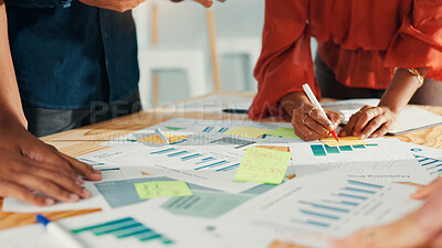 Buy stock photo Hands, sticky note and team writing for planning strategy or analysis with graphs. Charts, documents or business people in collaboration with financial stats, sales revenue or profit growth in office