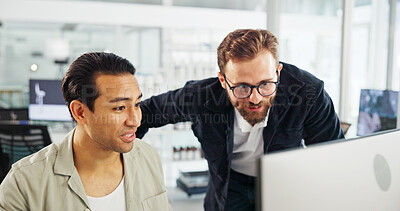 Buy stock photo Meeting, sustainability and business men on computer in office for project, eco friendly design and power. Discussion, teamwork and workers on pc for wind turbine, electricity and renewable energy