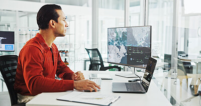 Buy stock photo Computer screen, map and wind turbine with business man in office for renewable energy or sustainability. Electricity, laptop and windmill with location on display for development or engineering