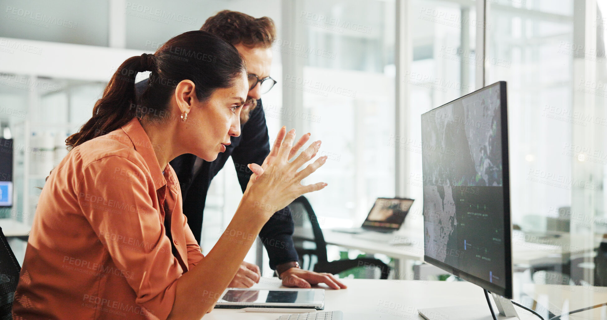 Buy stock photo Meeting, map and business people on computer in office for sustainable, eco friendly and power company. Discussion, teamwork and man and woman on pc for wind turbine, electricity and renewable energy