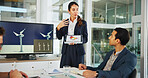 Business people, screen and meeting with tablet for renewable energy, discussion or proposal at office. Female person, employee or speaker with technology display for wind turbine model or prototype
