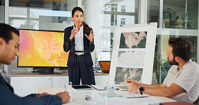 Buy stock photo Business woman, screen or renewable energy with map for presentation on world development at office. Female person, employee or speaker with technology display, ideas or global project at workplace