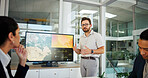 Businessman, screen or meeting with discussion for climate change, renewable energy or development at office. Man, employee or speaker with geographic data or technology display for global project