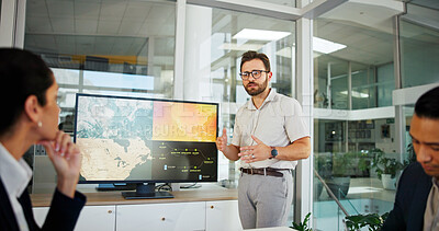 Buy stock photo Businessman, screen or meeting with discussion for climate change, renewable energy or development at office. Man, employee or speaker with geographic data or technology display for global project