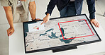 Engineer, people and hands with map on screen for turbine location, power development and renewable energy. Interactive display, above and employee pointing to wind rose diagram for speed direction