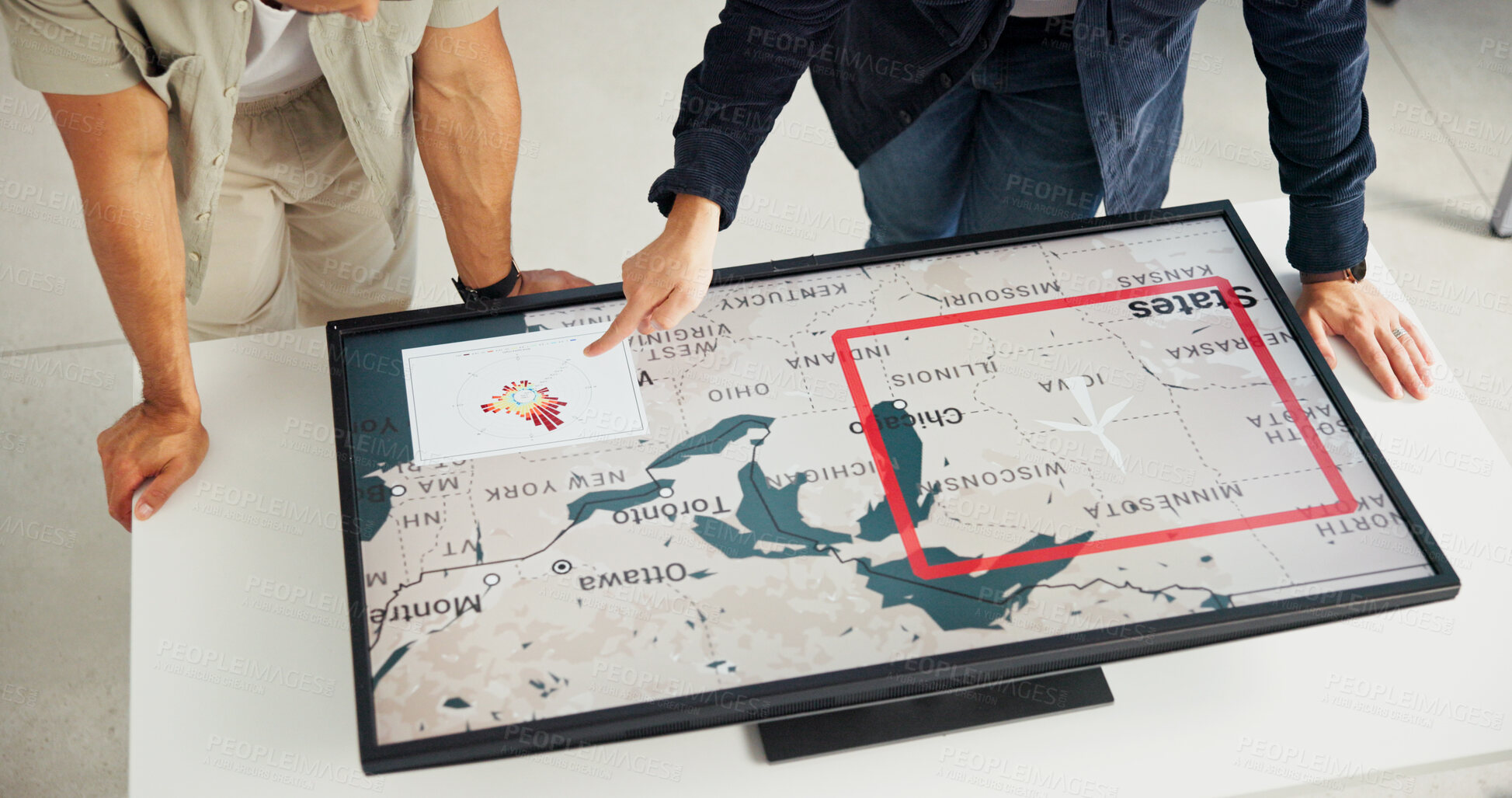 Buy stock photo Engineer, people and hands with map on screen for turbine location, power development and renewable energy. Interactive display, above and employee pointing to wind rose diagram for speed direction