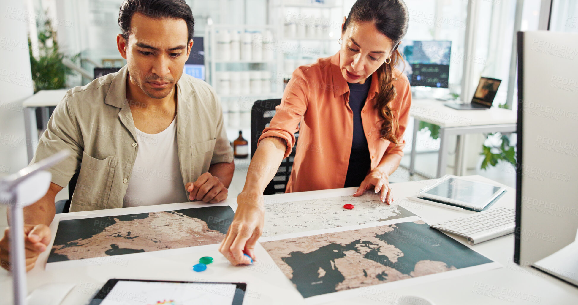 Buy stock photo Energy, teamwork or people with map in office for wind farm layout, project planning or power development. Sustainability, engineer or pin marker for turbine location, site selection or data analysis