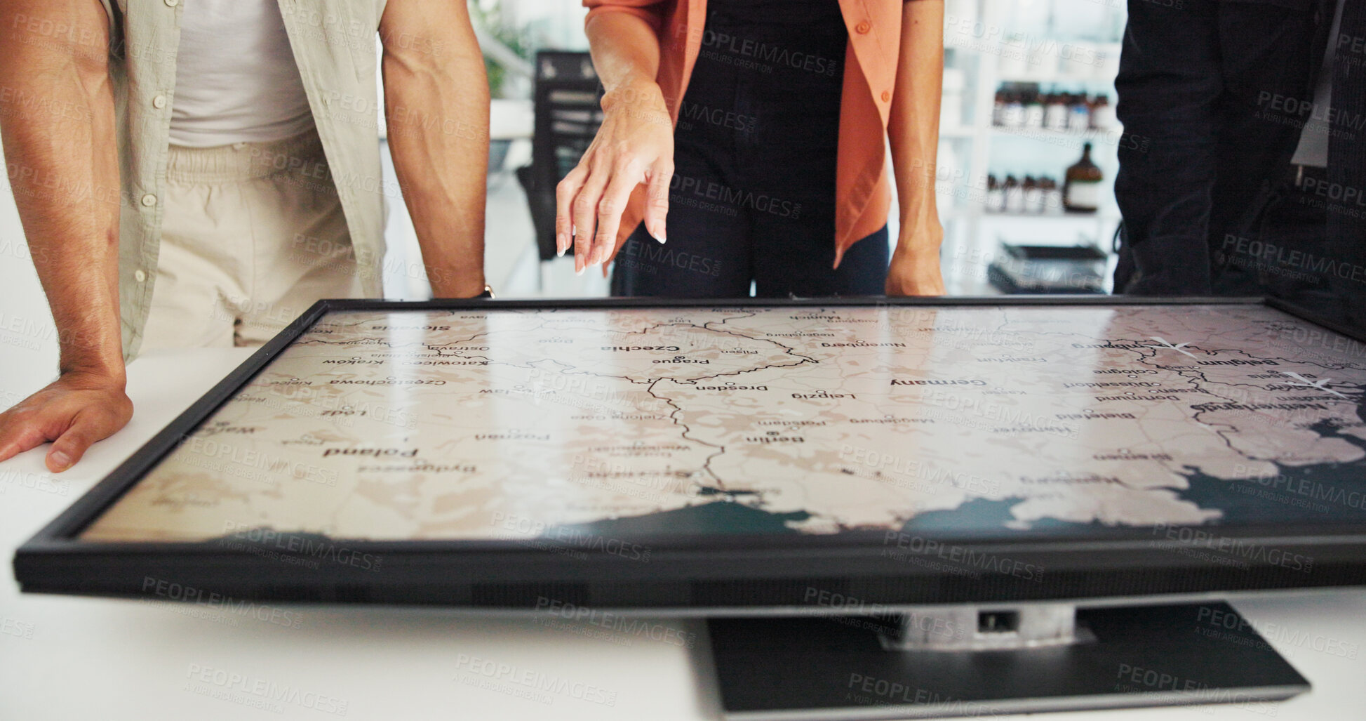 Buy stock photo Business people, hands and meeting with screen, map or world graphic for renewable energy at office. Closeup, employees or technology display with proposal for ecosystem, global change or development