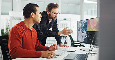 Buy stock photo Collaboration, computer screen and weather with business men in office for renewable energy or sustainability. Ecology, electricity and teamwork with map on display for development or engineering