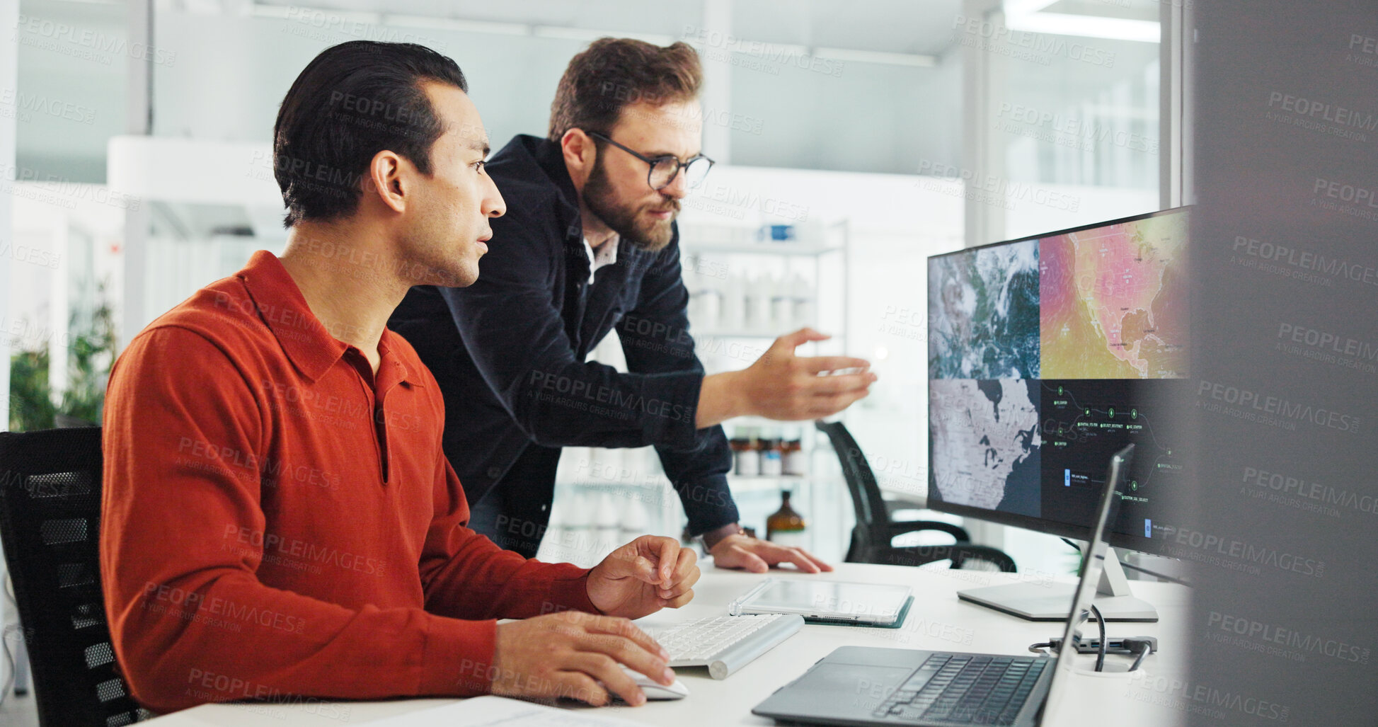 Buy stock photo Collaboration, computer screen and weather with business men in office for renewable energy or sustainability. Ecology, electricity and teamwork with map on display for development or engineering