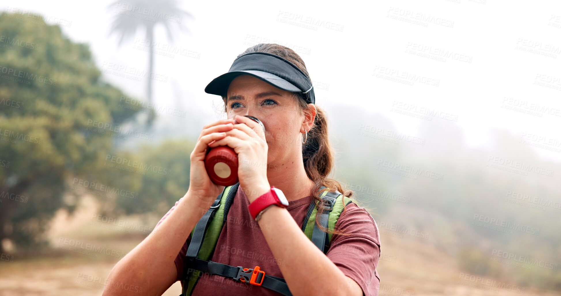 Buy stock photo Break, drinking water and thinking with hiker outdoor in nature for adventure, hobby or journey. Bottle, hydration and vacation with thirsty woman hiking in park for morning exploration or health