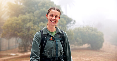 Buy stock photo Hiking, portrait and fitness with woman in nature for smile, travel and adventure holiday. Explore, trekking and environment with person outdoor for eco tourism, backpacking and vacation trip