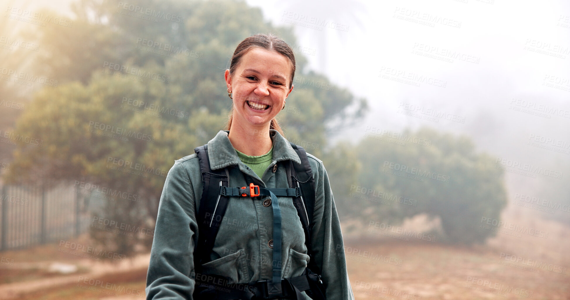 Buy stock photo Hiking, portrait and fitness with woman in nature for smile, travel and adventure holiday. Explore, trekking and environment with person outdoor for eco tourism, backpacking and vacation trip