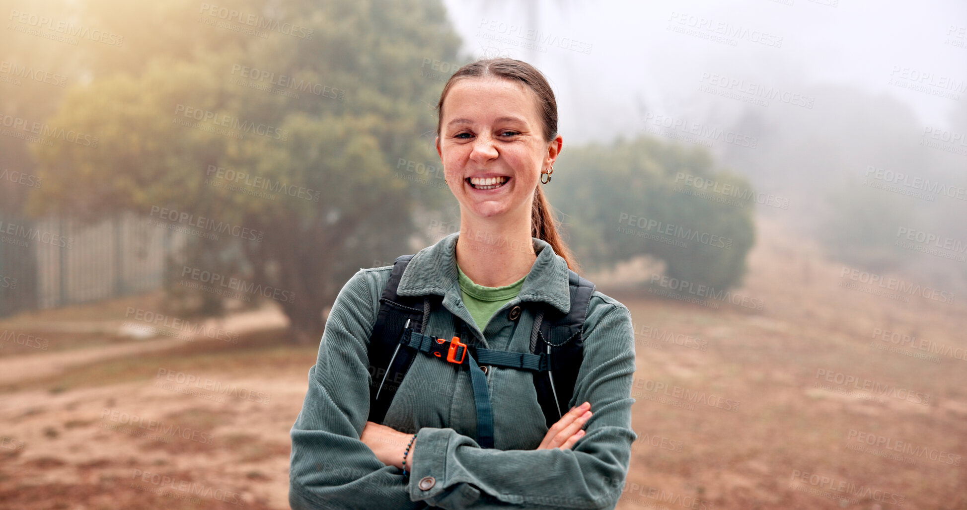 Buy stock photo Hiking, portrait and arms crossed with woman in nature for fitness, travel and adventure holiday. Explore, trekking and environment with person outdoor for eco tourism, backpacking and vacation trip