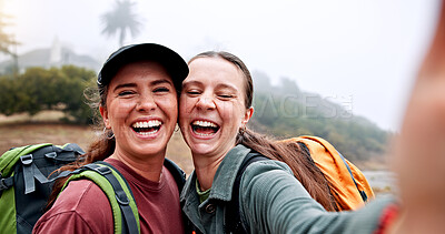 Buy stock photo Hiking, selfie and portrait of friends in nature for social media post, travel and adventure. Photography, trekking and environment with women outdoor for eco tourism, backpacking and vacation