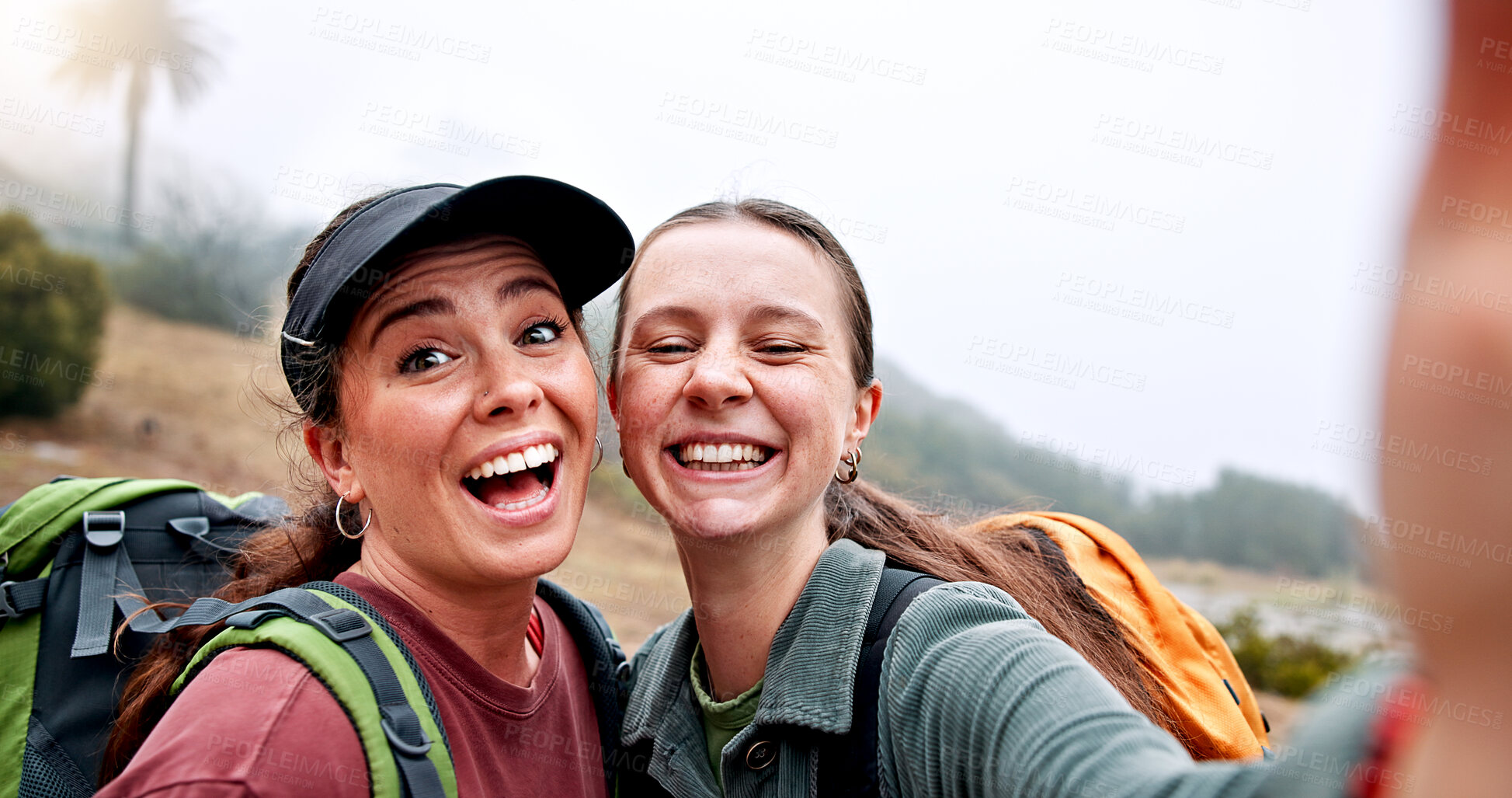 Buy stock photo Hiking, selfie and travel with friends in nature for social media post, portrait and adventure. Photography, trekking and happiness with women outdoor for eco tourism, backpacking and vacation
