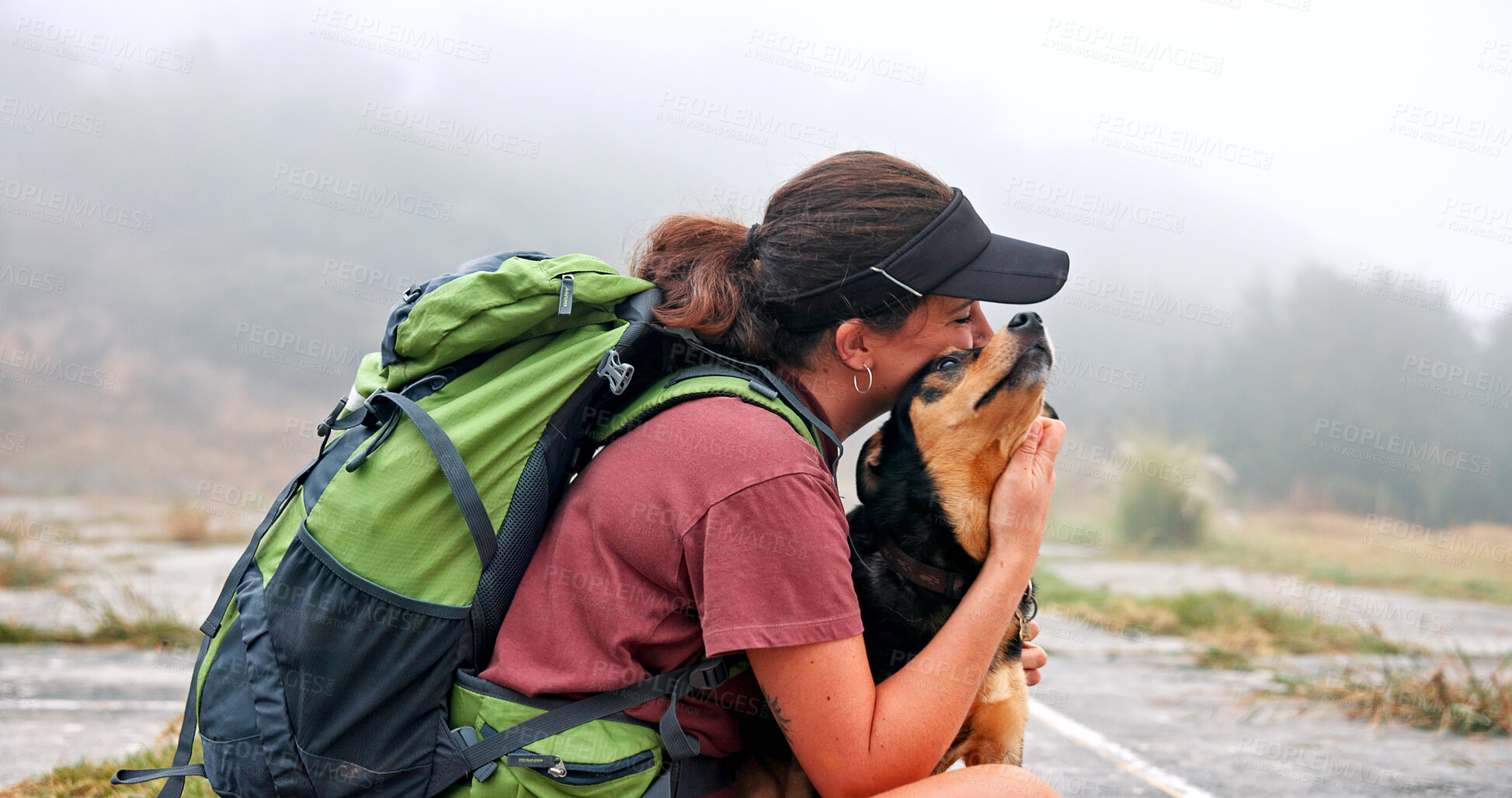 Buy stock photo Woman, hug dog and outdoor for hiking in nature on trail, profile and care with bonding, rest and adventure. Person, embrace and pet animal with love, backpack and touch with connection in Argentina