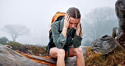 Buy stock photo Outdoor, hiker or woman in nature with headache, stress or burnout on adventure and trekking journey. Fail, anxiety and lost traveller in woods for hiking with migraine, worry or fear with mistake